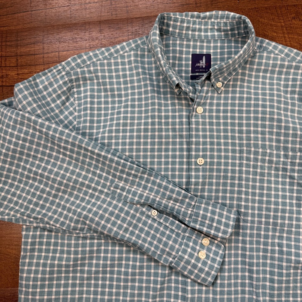 johnnie-O Button Down Shirt Mens Large Teal Gingham Long Sleeve Coastal Check